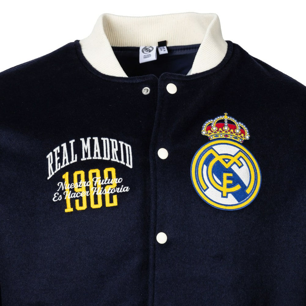 Real Madrid Sport Design Sweden Free Kick Wool Varsity Jacket Discount - Navy