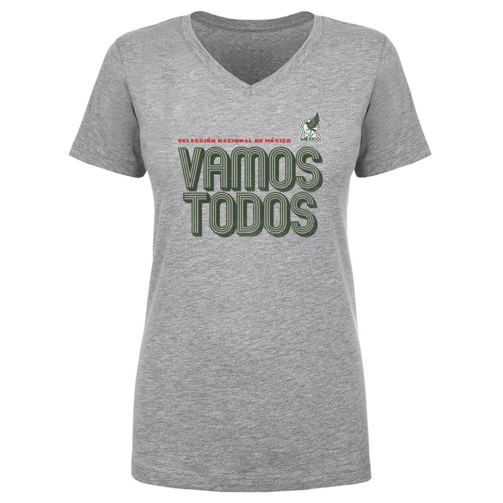 Mexico National Team 500 Level Women's Vamos Todos Inline Bold V-Neck T-Shirt for sale - Heather Gray