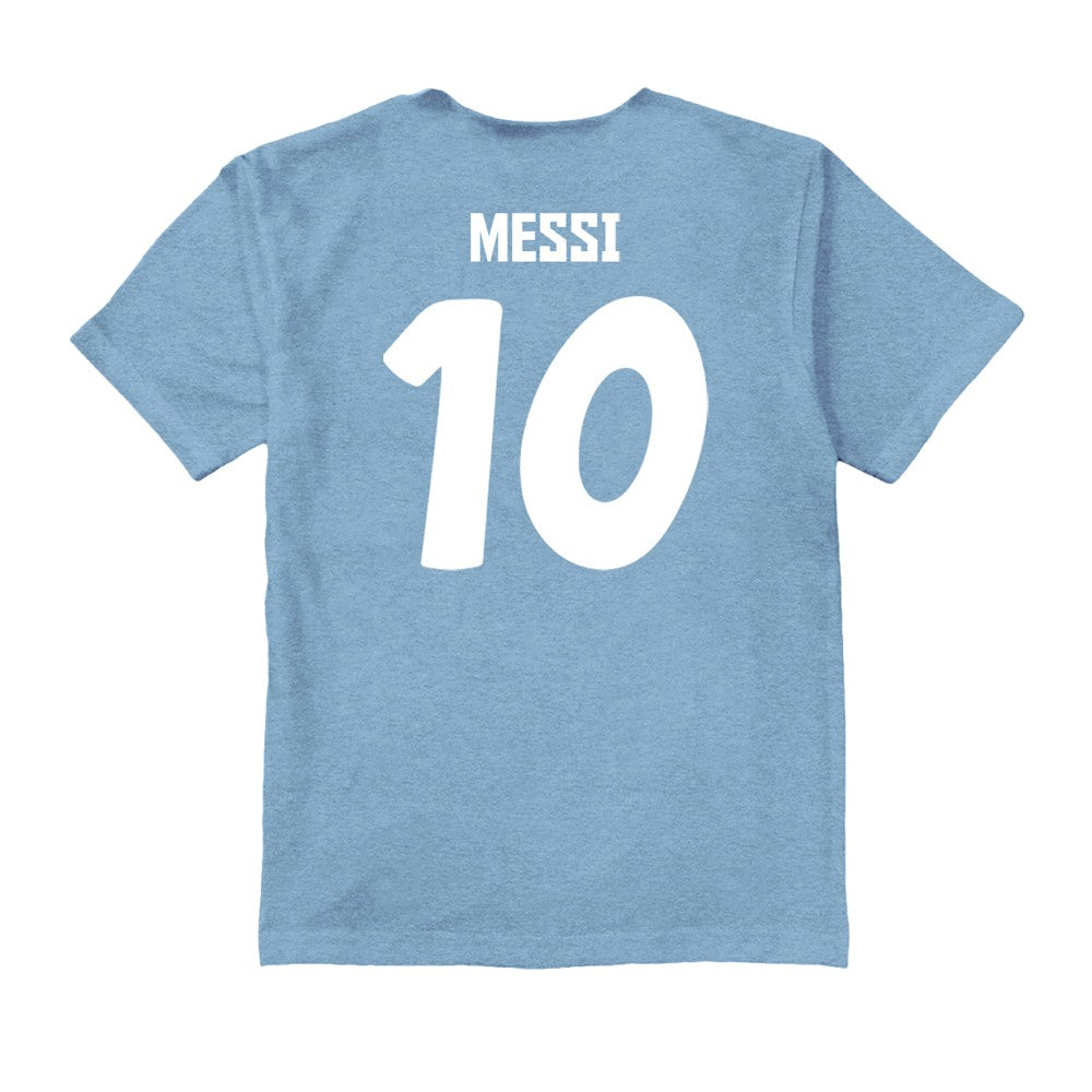 Lionel Messi Argentina National Team Vive La Fete Youth Player Name & Number Color Badge T-Shirt for sale - Light Blue