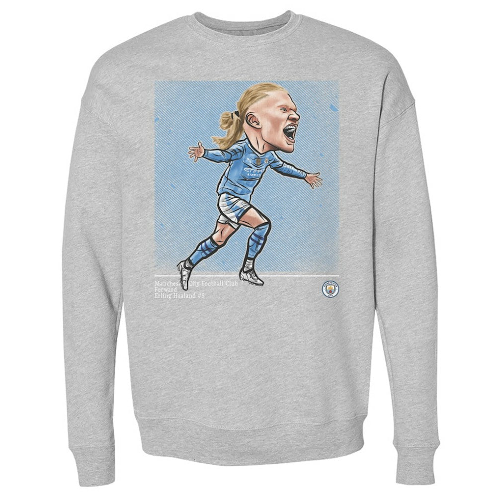 Erling Haaland Manchester City 500 Level Cartoon Player Pullover Crewneck Sweatshirt Discount - Heather Gray