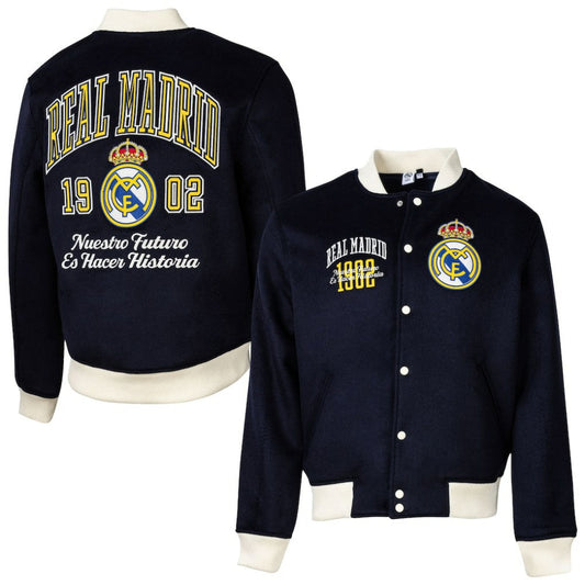 Real Madrid Sport Design Sweden Free Kick Wool Varsity Jacket Discount - Navy