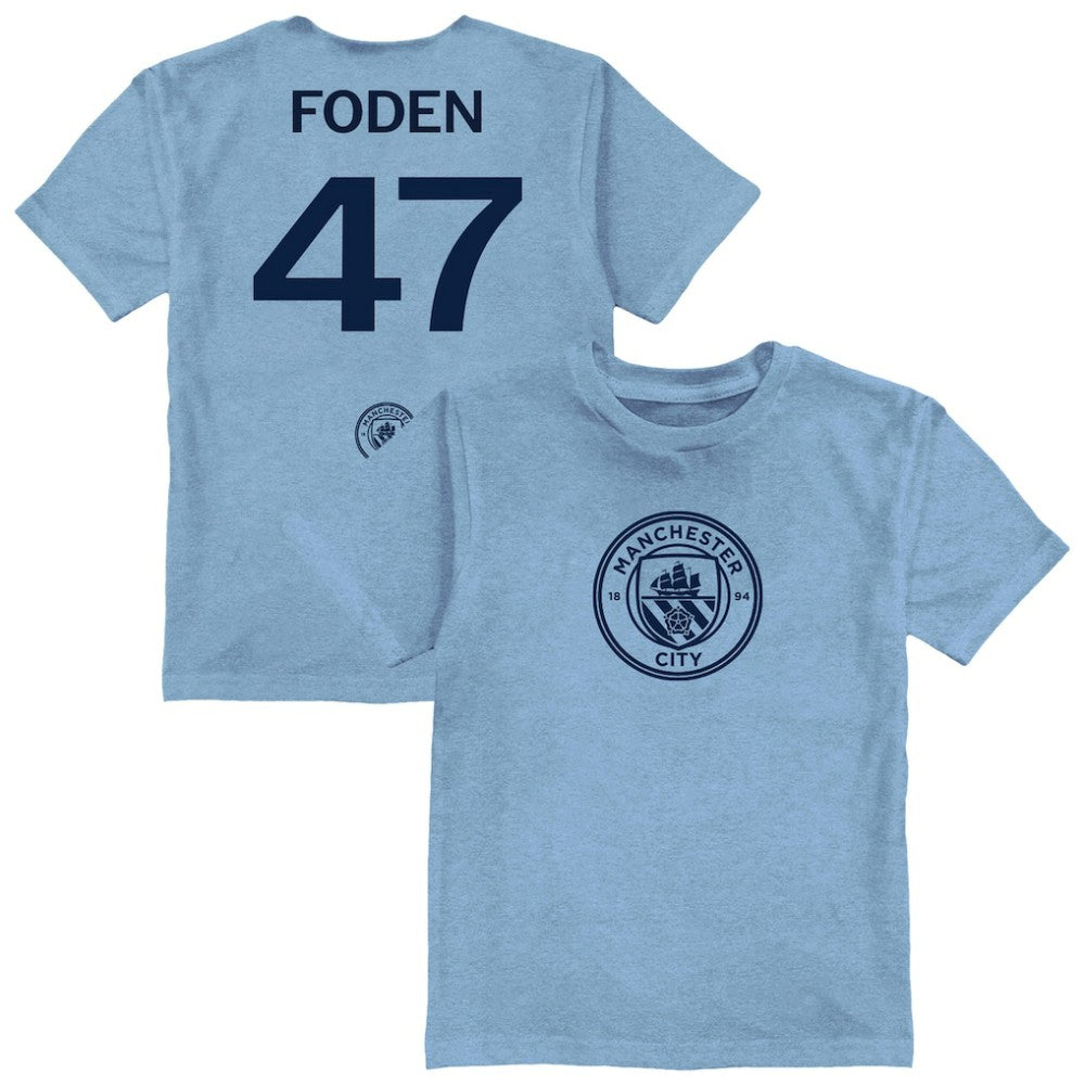 Phil Foden Manchester City Vive La Fete Youth Player Name & Number Color Badge T-Shirt Discount - Light Blue