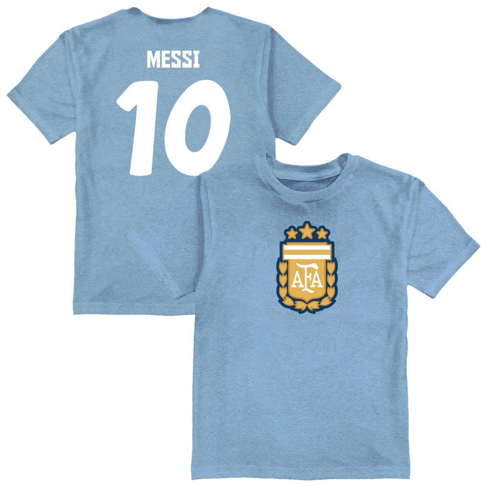 Lionel Messi Argentina National Team Vive La Fete Youth Player Name & Number Color Badge T-Shirt for sale - Light Blue