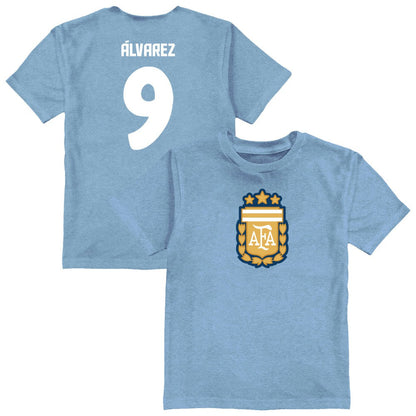 Julián Álvarez Argentina National Team Vive La Fete Youth Player Name & Number Color Badge T-Shirt for sale - Light Blue