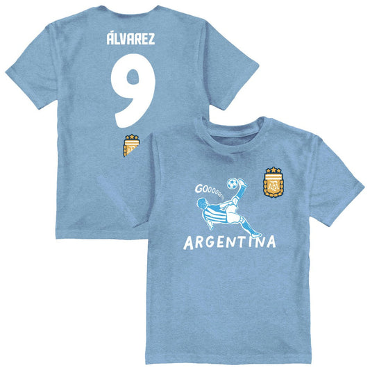 Julián Álvarez Argentina National Team Vive La Fete Youth Player Name & Number Chilena Style T-Shirt for sale - Light Blue