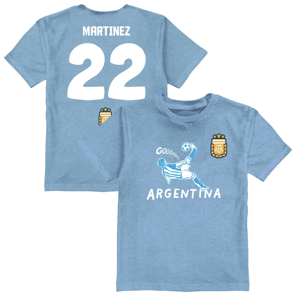 Lautaro Martinez Argentina National Team Vive La Fete Youth Player Name & Number Chilena Style T-Shirt for sale - Light Blue