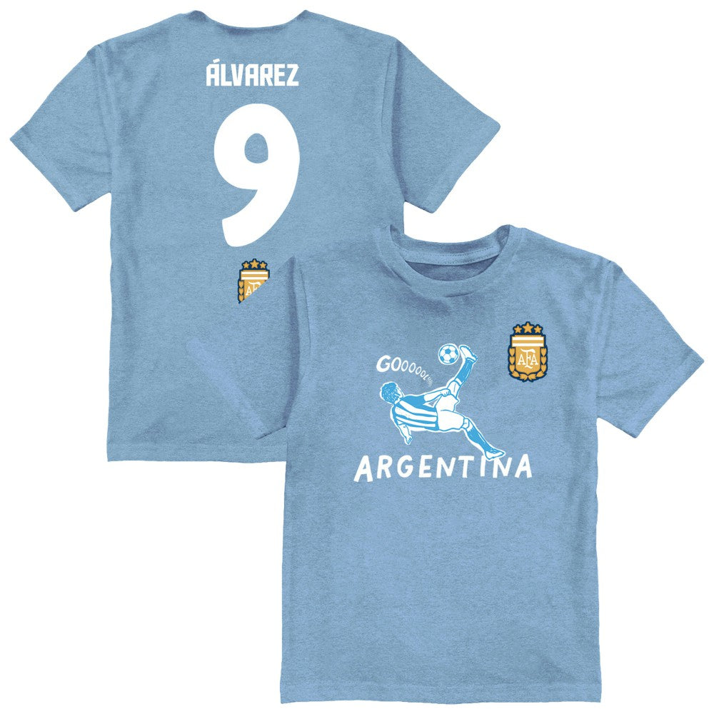 Julián Álvarez Argentina National Team Vive La Fete Toddler Player Name & Number Chilena Style T-Shirt for sale - Light Blue