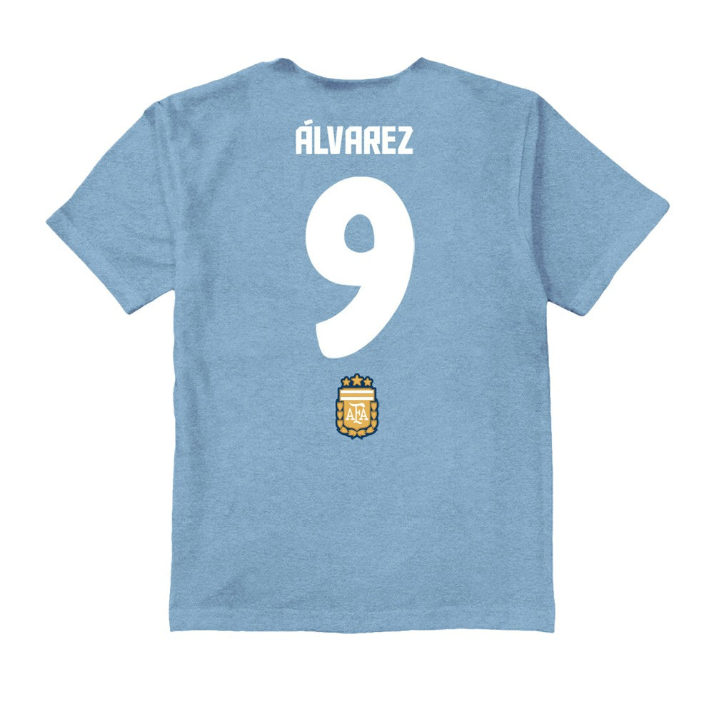 Julián Álvarez Argentina National Team Vive La Fete Toddler Player Name & Number Chilena Style T-Shirt for sale - Light Blue