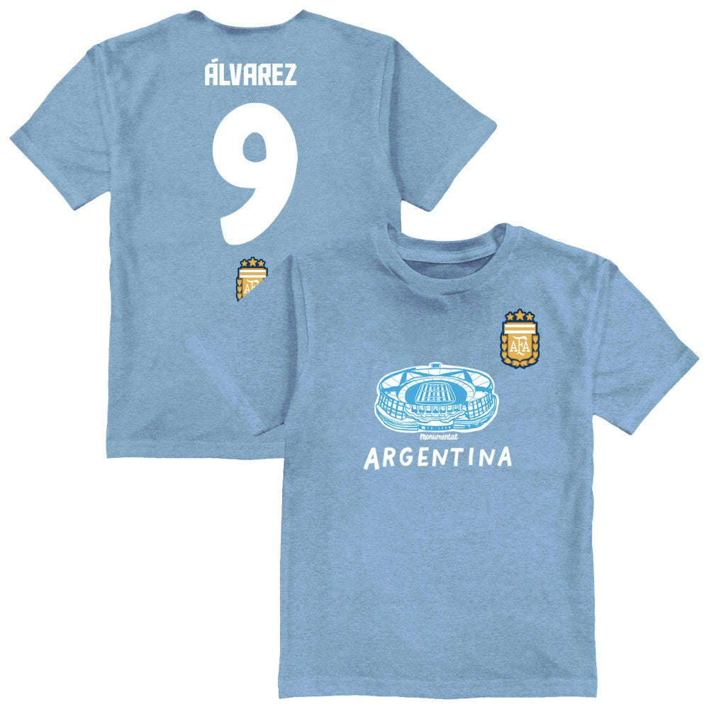 Julián Álvarez Argentina National Team Vive La Fete Youth Player Name & Number Stadium Style T-Shirt for sale - Light Blue