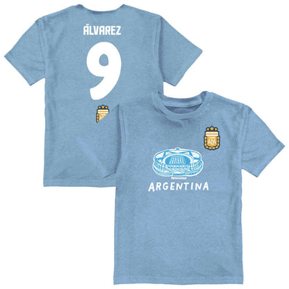 Julián Álvarez Argentina National Team Vive La Fete Youth Player Name & Number Stadium Style T-Shirt for sale - Light Blue