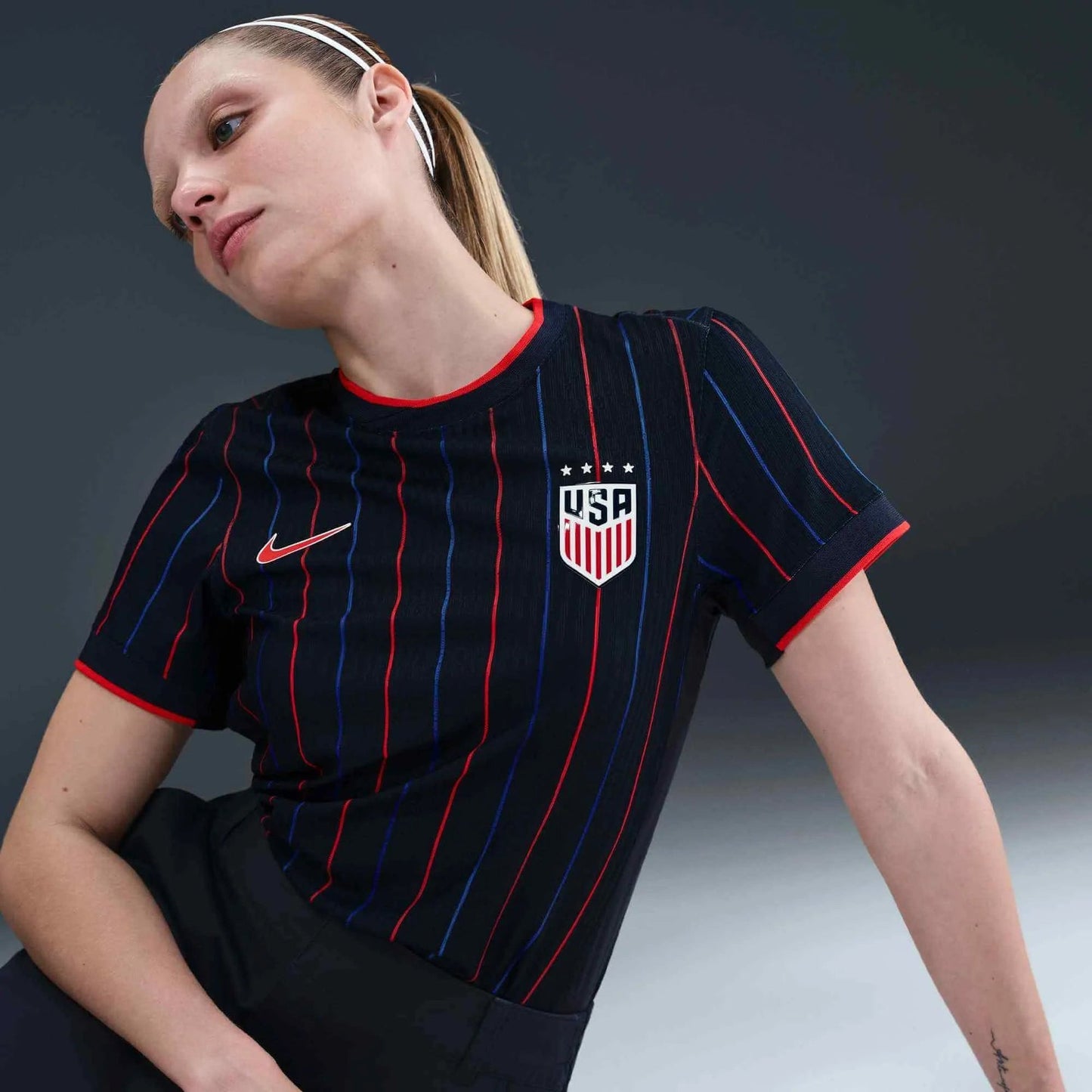 2025 USA Women's 4-Star Authentic Away Soccer Jersey Obsidian/Challenge Red/Challenge Red